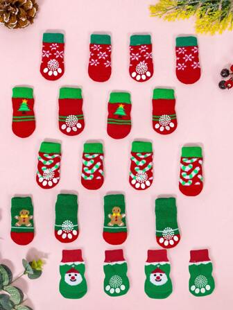 4/8 piezas/Calcetines navideños antideslizantes de colores aleatorios para mascotas, calcetines de invierno cálidos para perros, calcetines para mascotas antideslizantes adecuados para perros pequeños y medianos, suaves y transpirables, cubiertas para las patas de Chihuahua, Teddy y cachorros