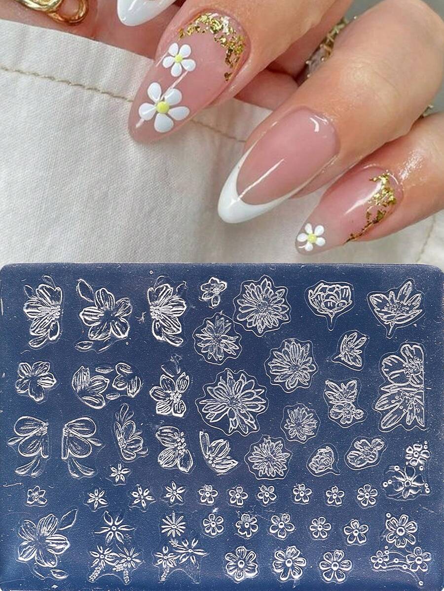 1个花朵形状美甲印花板，DIY UV凝胶美甲波西米亚风美甲工具，硅胶美甲雕刻模具 - 無色 - 查看 1