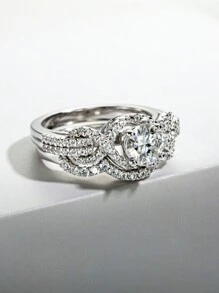 1套/2件1ct莫三比克石榴石925銀指環套裝女士戒指，訂婚/婚禮珠寶新娘珠寶鑲嵌水晶鑽石 - 白色 - 查看 4