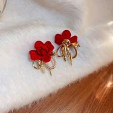 1對925純銀針絨絨花&葉&珍珠設計耳環,冬季女性豪華耳環,適合日常佩戴和作為節日禮物 - 紅色 - 查看 8