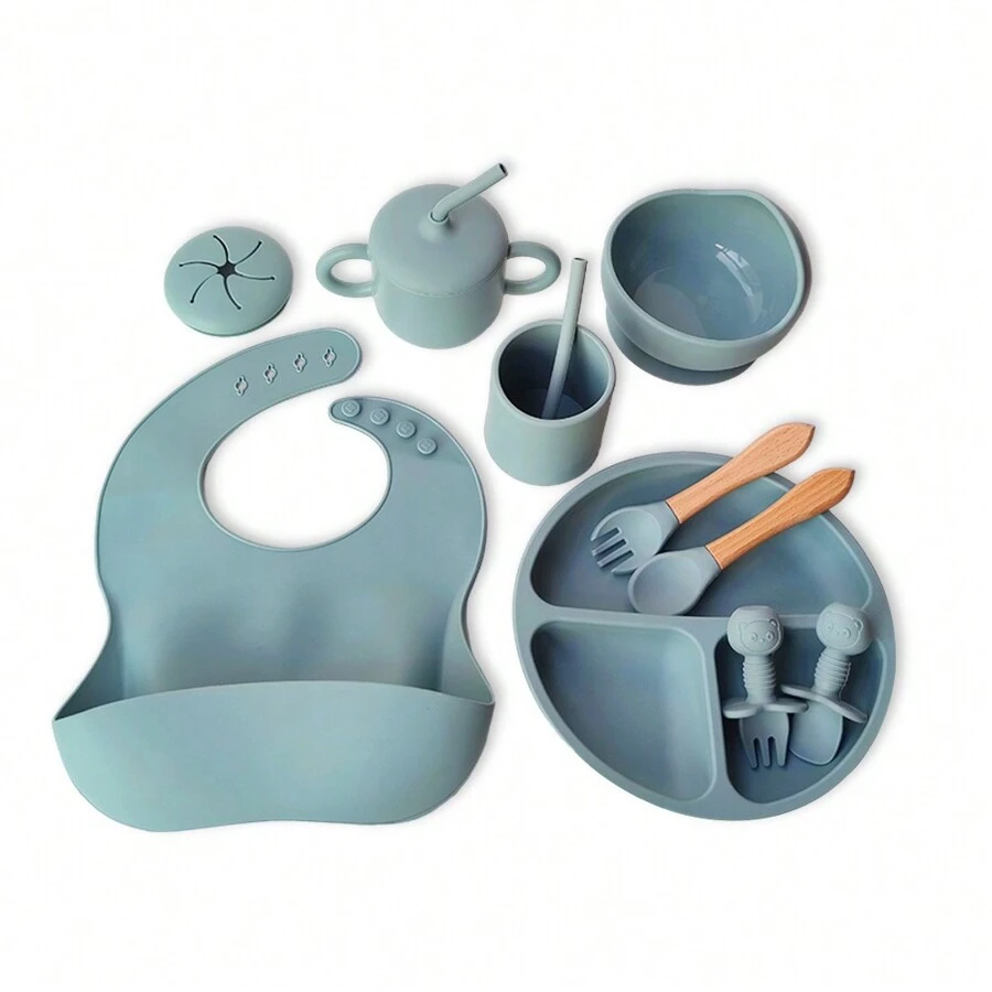 11 Pcs Ether silicone tableware set suction bowl plate with sucker cups 2 in 1 drinking bottle snack pot with 2 straws open cup wooden spoon and fork mini cultery set waterpoof bib silicone dinnerware