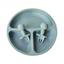 11 Pcs Ether silicone tableware set suction bowl plate with sucker cups 2 in 1 drinking bottle snack pot with 2 straws open cup wooden spoon and fork mini cultery set waterpoof bib silicone dinnerware