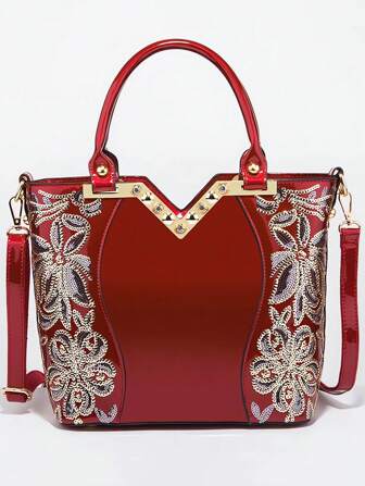 Red Color 1pc European & American Stylish Designer High Quality Glossy Patent Leather Women's Handbag, Large Capacity Sequin Embroidery Shoulder Bag, Female Crossbody Bag,Adjustable Waterproof Tote Bag, 34*25*14cm PU Leather Texture Multifunctional Elegant & Sexy Handbag, Suitable For Work, Business, Commuting, Outdoor, Travel (Perfect Gift For Valentine's/Mother's Day/Christmas)