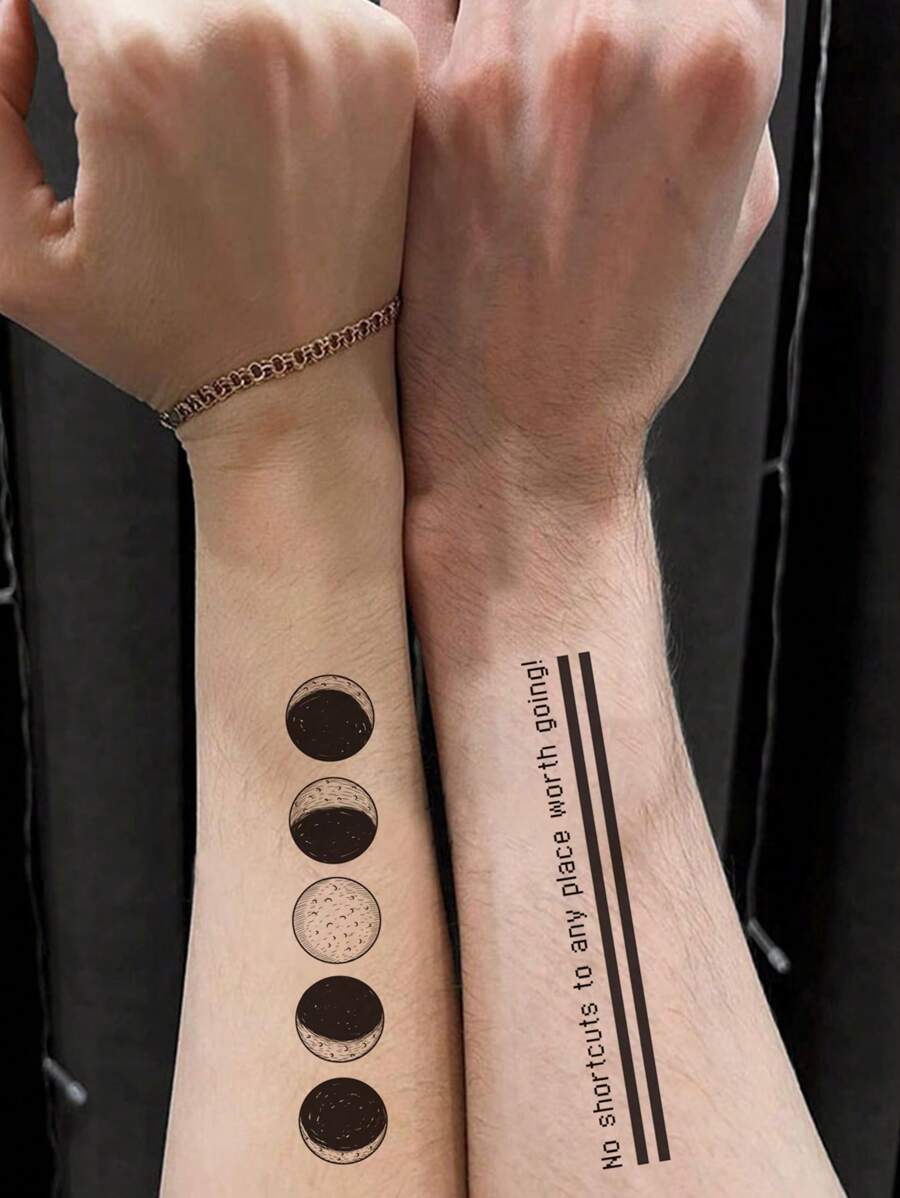 1 件黑色線條藝術宇宙星星圖案防水持久臨時紋身貼紙 - 黑色 - 查看 1