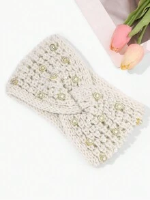 1pc Lady'S Thick Knitted Headband With Pearls, Double Layers And Rhinestones For Autumn/Winter, Suitable For Daily Outfits - Beige - View 2