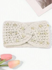 1pc Lady'S Thick Knitted Headband With Pearls, Double Layers And Rhinestones For Autumn/Winter, Suitable For Daily Outfits - Beige - View 1
