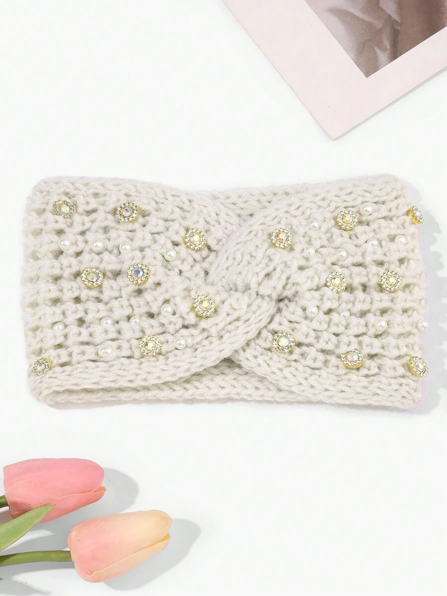 1pc Lady'S Thick Knitted Headband With Pearls, Double Layers And Rhinestones For Autumn/Winter, Suitable For Daily Outfits - Beige - View 1