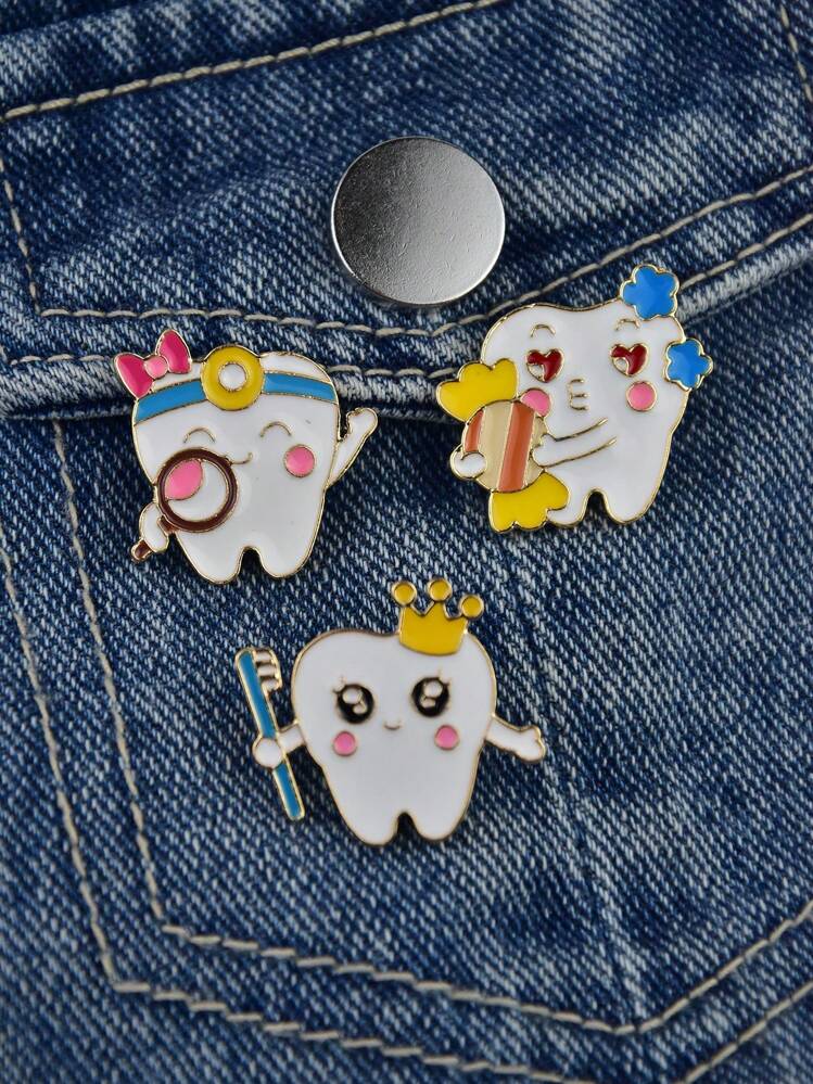 3pcs Cartoon Bad Teeth Design Brooches For Teeth Protection - White - View 3
