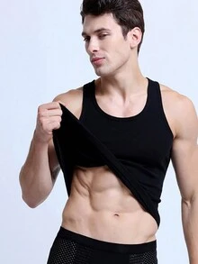 男士修身款透氣吸汗運動內衣,背部設計的運動背心 - 黑色 - 查看 2