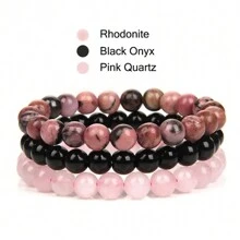 3入/套8mm天然石彈力珠靈石手環組合,包含玫瑰若石、玫瑰水晶、紫晶、黑曜石、赤鐵礦,用於瑜伽、冥想和放鬆 - 彩色 - 查看 9