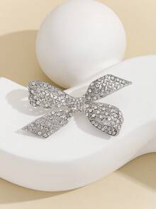 1pc High-End & Elegant Full Rhinestone Bowknot Shaped Brooch, Platinum Plating, Bridal Accessory - Silver - View 2