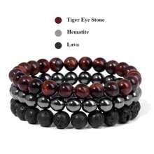 3入/套8mm天然石彈力珠靈石手環組合,包含玫瑰若石、玫瑰水晶、紫晶、黑曜石、赤鐵礦,用於瑜伽、冥想和放鬆 - 彩色 - 查看 13
