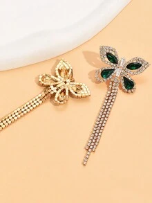 1對蝴蝶垂墜耳環,可愛的長水晶流蘇蝴蝶裝飾鑽石銀色掛墜耳環時尚垂墜耳環首飾母親節禮物女士及女孩套裝 - 墨綠色 - 查看 3