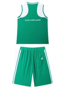 Annil Boys' Summer Round Neck Sleeveless Loose Fitting Sports Tank Top Shorts Two Pieces Set Green