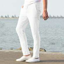 Pantalones de algodón de lino para hombre, informales, holgados, con cintura elástica y lazo de color sólido - Blanco - Ver 4