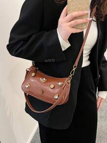 冬季 PU 纯色女士时尚徽章心形单肩斜挎包，街头休闲通勤优雅单肩包，防水女士百搭贝壳造型斜挎包 - 咖啡棕 - 查看 3