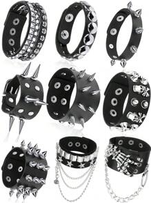 Yanxyad 1 Piece Spiked Studded Bracelet Black Leather Rivet Punk Bracelet Cuff Wrap Bangle Snap Button Metal Wristband For Men