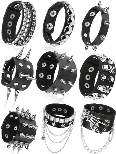 Yanxyad 1 pieza Pulsera negro con tachuelas y remaches, brazalete de ajuste punk con botón a presión de metal
