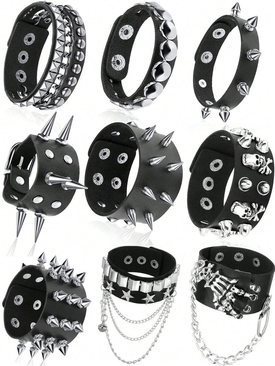 Yanxyad 1 Piece Spiked Studded Bracelet Black Leather Rivet Punk Bracelet Cuff Wrap Bangle Snap Button Metal Wristband For Men