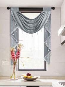 1pc Solid Color Hollow Out Embroidered European Style Luxury Curtain With Beaded Edge, Italian Material, Adjustable Width, Suitable For Living Room, Bedroom, Window And Door Decoration - Grey - View 4