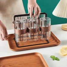 1pc Wooden Grain Design Cup Tray For Kitchen, Bathroom, Restaurant, Rectangle Drain Cup Holder - Coffee Brown - View 5