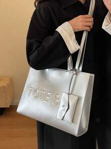 Pu Handbag With Raised Letter Design For Women, Suitable For Summer Office Work, Business, Daily Use, Travel, Dating, Shoulder & Crossbody Strap Included - Silver - View 5