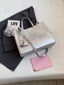 Pu Handbag With Raised Letter Design For Women, Suitable For Summer Office Work, Business, Daily Use, Travel, Dating, Shoulder & Crossbody Strap Included - Silver - View 2