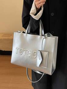 Pu Handbag With Raised Letter Design For Women, Suitable For Summer Office Work, Business, Daily Use, Travel, Dating, Shoulder & Crossbody Strap Included - Silver - View 6
