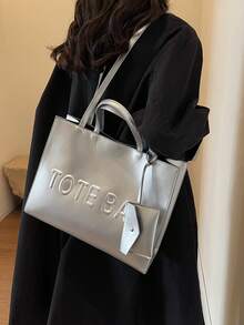 Pu Handbag With Raised Letter Design For Women, Suitable For Summer Office Work, Business, Daily Use, Travel, Dating, Shoulder & Crossbody Strap Included - Silver - View 4