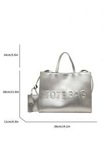 Pu Handbag With Raised Letter Design For Women, Suitable For Summer Office Work, Business, Daily Use, Travel, Dating, Shoulder & Crossbody Strap Included - Silver - View 3