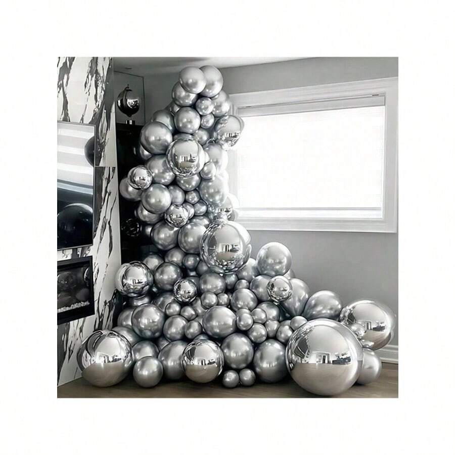 97pcs Silver Balloons And 4d Balloons Suitable For Festival, Home Parties, Any Celebration Scene, Including Glue Dots And Balloon Chain - Silver - View 1