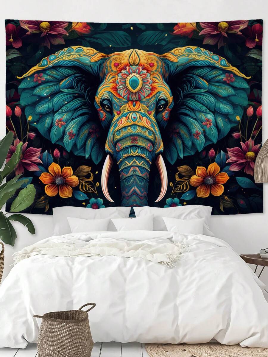 1 件大象和花卉圖案掛毯,現代織物印花,適合家居臥室裝飾壁掛紡織牆藝術 - 青碧色 - 查看 1