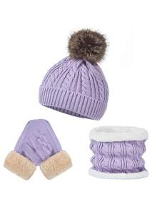 Children's Single-Ball Rabbit Fur-Like Jacquard Warm Knitted Hat, Scarf, And Gloves Set For Ages 0-10, Christmas Gift - Purple - View 3