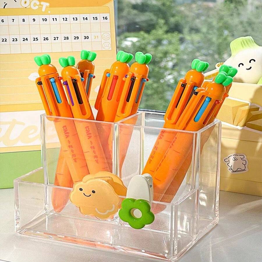 1pc Cute Carrot Shaped 6-Color Retractable Ballpoint Pen For Notebook, School Or Office - Multicolor - View 1