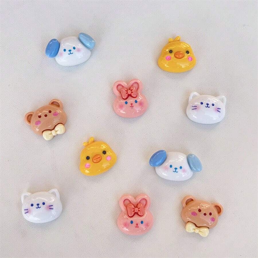 10入組隨機混合卡通動物頭形狀diy珠寶配件、文具、手機殼、鑰匙扣、杯子、鞋子、冰箱磁鐵裝飾貼材質;配有雙面膠帶 - 彩色 - 查看 1
