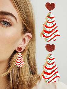 1pair Acrylic Christmas Tree Shaped Candy Decor Dangle Earrings And Heart Shaped Stud Earrings With Sparkle Dust - Red - View 2