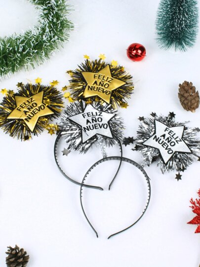 2 DIADEMAS NEGRAS DECORADAS FELIZ AÑO NUEVO (PLATEADA Y DORADA) CON ANTENITAS EN FORMA DE ESTRELLA DECORADAS CON LIMPIA PIPAS Y ESCARCHA EN SUS RESPECTIVOS TONOS