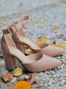 Stilettos bajos para dama con tacon ancho y correa de moda - Beis - Ver 3