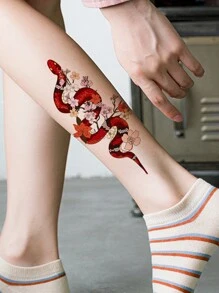 1入組紅色蛇和可愛花紋暫時紋身貼紙 - 黑色 - 查看 3