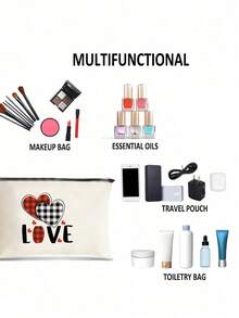 LOVE格子心形卡通印花拉鍊袋，輕便旅行包，多功能便攜化妝包，作為送給朋友或家人的禮物，輕巧多用途的手拿包，可用作多種用途的收納袋。 - 米色 - 查看 2