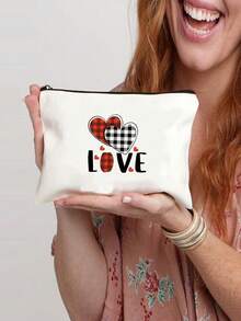 LOVE格子心形卡通印花拉鍊袋，輕便旅行包，多功能便攜化妝包，作為送給朋友或家人的禮物，輕巧多用途的手拿包，可用作多種用途的收納袋。 - 米色 - 查看 3