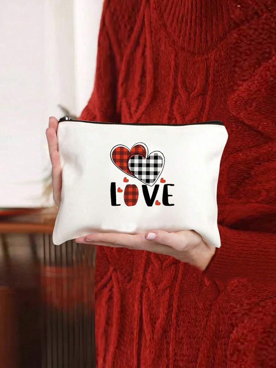 LOVE格子心形卡通印花拉鍊袋，輕便旅行包，多功能便攜化妝包，作為送給朋友或家人的禮物，輕巧多用途的手拿包，可用作多種用途的收納袋。 - 米色 - 查看 1