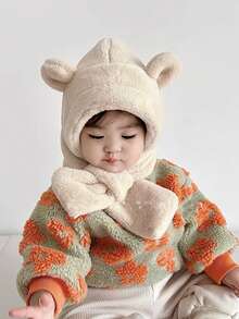 1 件兒童熊形帽子圍巾組合:保暖防護帽圍巾套裝,冬季 - 米色 - 查看 5