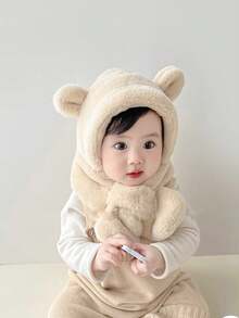 1 件兒童熊形帽子圍巾組合:保暖防護帽圍巾套裝,冬季 - 米色 - 查看 3
