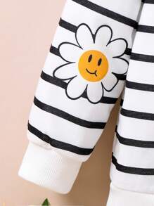 Young Girl Black & White Striped Smiling Face Graphic Crew Neck Sweatshirt