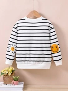 Young Girl Black & White Striped Smiling Face Graphic Crew Neck Sweatshirt