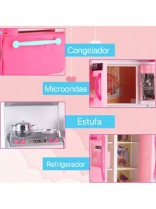 Juego de cocina, mini cocina, refri, horno y utensilios de cocina de juguete para niñas y niños, con luces y sonido - Rosa - Ver 4