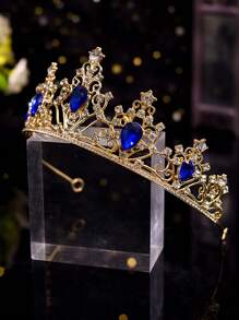 黑鑽石、藍寶石和水晶鑲嵌的復古皇冠,適用於婚禮、動漫角色扮演、公主、歐洲風格表演戲服、皇冠頭飾 - 藍色 - 查看 2