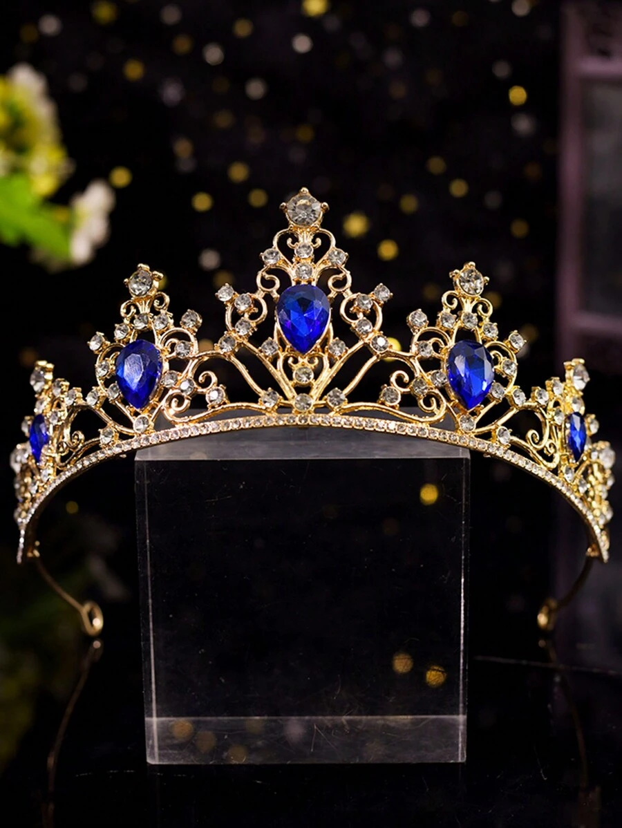 黑鑽石、藍寶石和水晶鑲嵌的復古皇冠,適用於婚禮、動漫角色扮演、公主、歐洲風格表演戲服、皇冠頭飾 - 藍色 - 查看 1