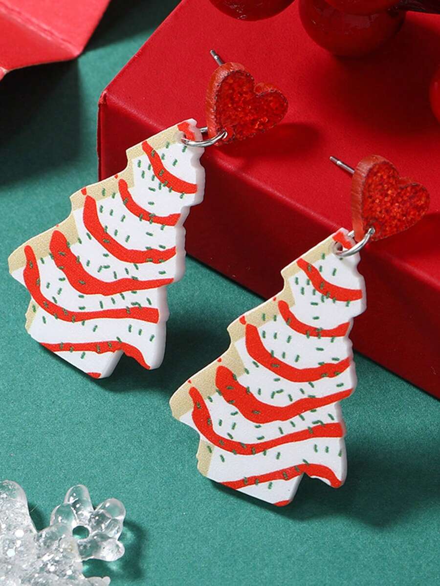 1pair Acrylic Christmas Tree Shaped Candy Decor Dangle Earrings And Heart Shaped Stud Earrings With Sparkle Dust - Red - View 1